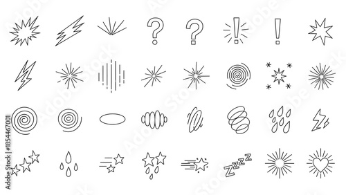 Collection of various black line icons on white background