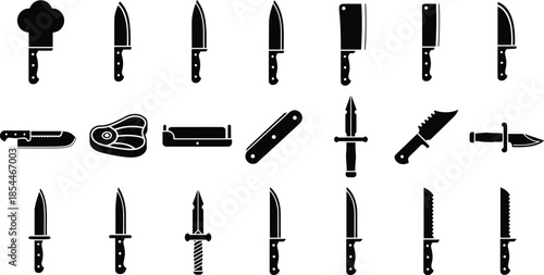 Knife icons set, kitchen cleaver silhouettes, chef blade collection, sharp dagger symbols, cad drawing flat vector illustration, isolated on white background