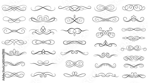 Collection of elegant flourish design elements in black and white