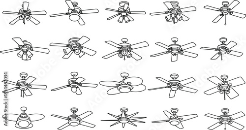 Title (20 words) Collection of various ceiling fan icons with different blade designs and lighting fixtures, cad drawing flat vector illustration, isolated elements.