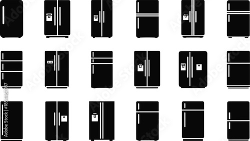 Set of refrigerator and fridge freezer icons with double door and side by side designs, cad drawing flat vector illustration.