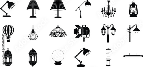 Title (20 words) Collection of various lamp and lighting icons including desk lamps, chandeliers, lanterns, street lights, and pendants, cad drawing flat vector illustration.