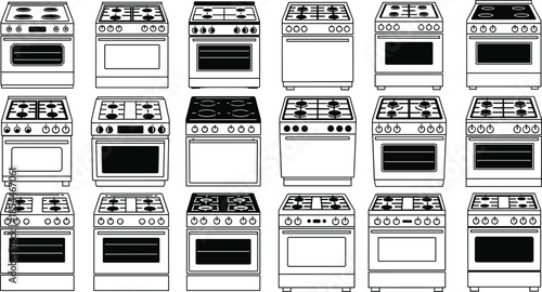 Title (20 words) Collection of various gas range and electric stove icons with oven compartments and burner hobs, cad drawing flat vector illustration.