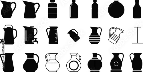 Title (20 words) Collection of various water bottle and beverage pitcher icons including carafes, jugs, and plastic bottles, cad drawing flat vector illustration.