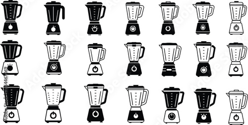 Title (20 words) Set of various kitchen blender and food processor icons featuring different jug shapes and silhouettes, cad drawing flat vector illustration.