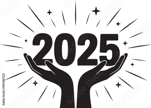 Two hands holding the year 2025 with radiating lines and stars