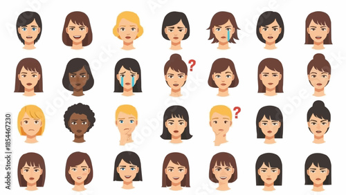 Diverse Collection of Female Faces Showing Various Emotions.
