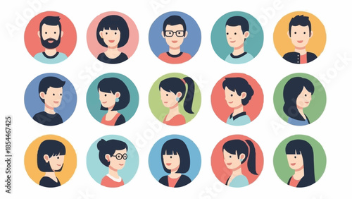 Diverse avatar portraits set of illustrated profile faces in circular icons.