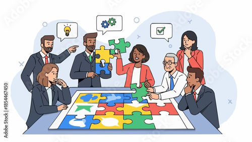 Diverse business team collaborates on a complex puzzle project together.