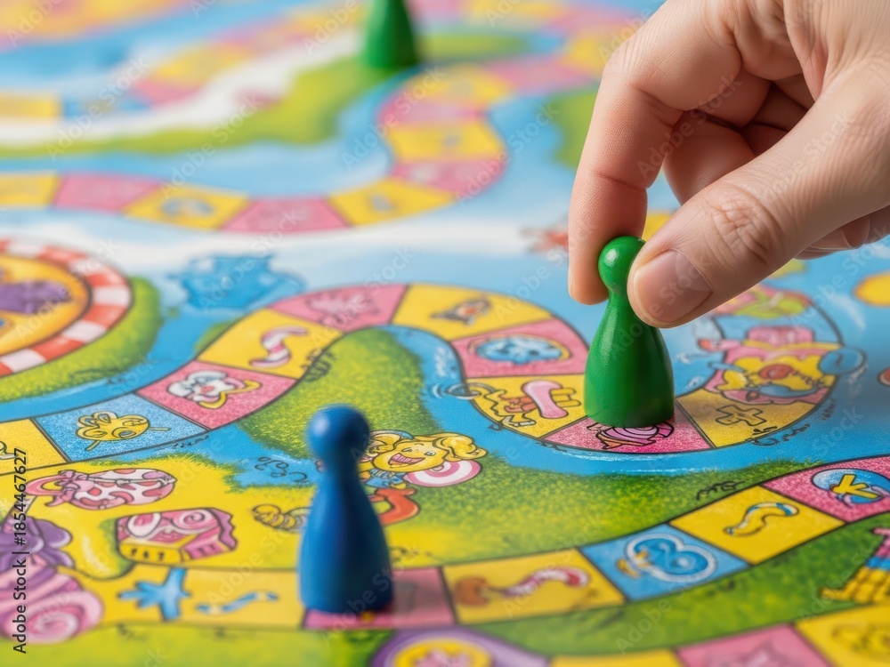 Obraz premium A close-up shot of a hand moving a green playing piece on a colorful board game. Playing a colorful board game