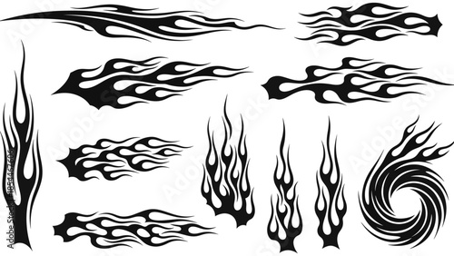 Collection of black flame tattoo designs on white background