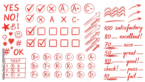 Collection of red handwritten check marks and grades for evaluation
