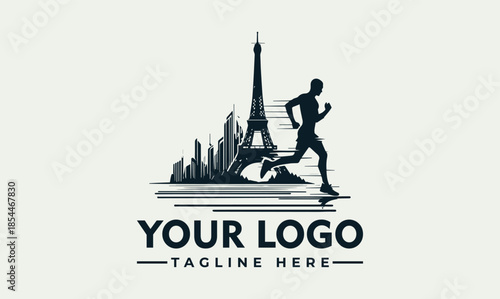 Runner silhouette vector logo with urban skyline. Represents speed, fitness, adventure, and cityscape. Ideal for sports, travel, and active lifestyle branding