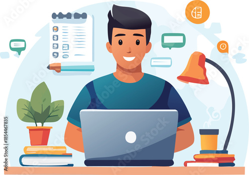 Young man working on a laptop at a desk with books, a plant, and a lamp