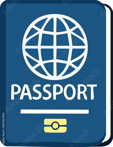 A blue passport with the word PASSPORT on the cover and a globe icon symbolizing international travel