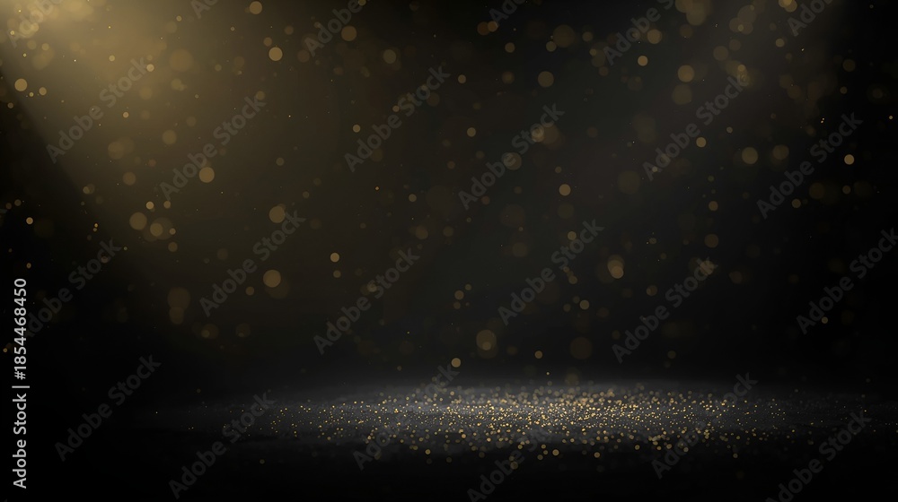 Obraz premium Dramatic Gold Light Spotlight with Falling Glitter Particles on Dark Floor Background for Product