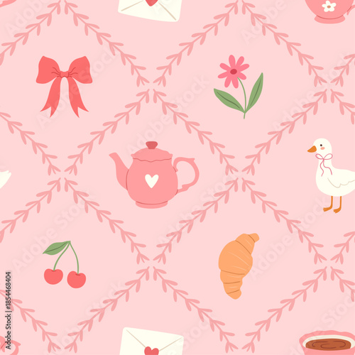 Seamless coquette pattern with tea time