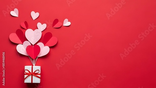 Gift box with heart shaped balloons on red background for valentine's day