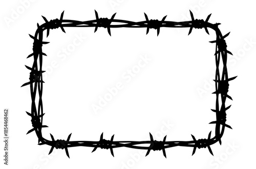 A jagged rectangular border is formed by silhouettes of twisted black barbed wire, where sharp spikes punctuate the looped strands against a stark white background to frame the central empty space