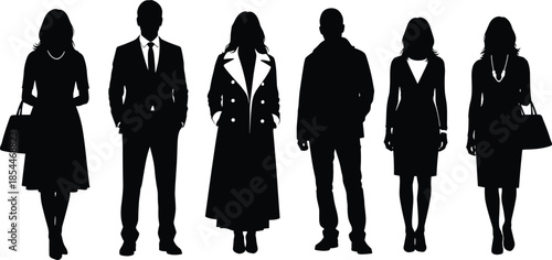 Business people group silhouette set, professional men and women in formal corporate attire standing, elegant office workers community vector illustration 