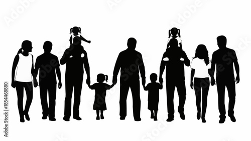 Diverse family group silhouette walking together happily.