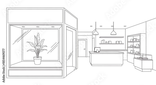 Minimalist Interior Design Sketch of a Modern Store with Plant Display.