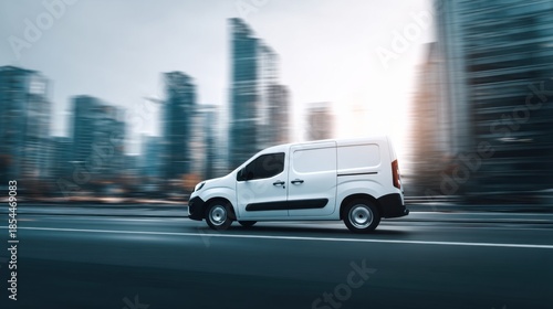 A white delivery van moves quickly along a busy city street. Tall buildings surround the area showing a typical urban landscape during daylight hours.