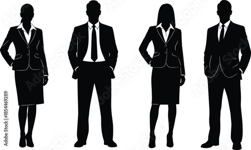 Business people group silhouette set, professional men and women in formal corporate suits standing, elegant office workers community vector illustration graphic icons