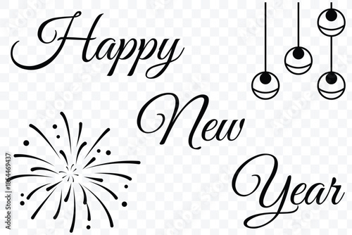 Happy new year script calligraphy vector, Elegant hand lettering design. Elegant Happy New Year calligraphy text design  perfect for holiday greeting cards, festive banners, seasonal celebrations.