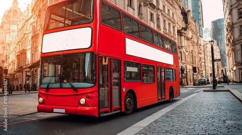 Red london bus with blank white place for mockup information is parked at urban street with stone road and sidewalk