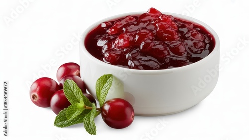 Delicious cranberry sauce in a white bowl with fresh cranberries and mint, isolated on white background.
