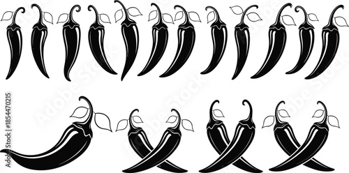 Chili pepper silhouette vector set, black spicy vegetable icons, food graphic illustration, cooking design elements, bold kitchen art collection