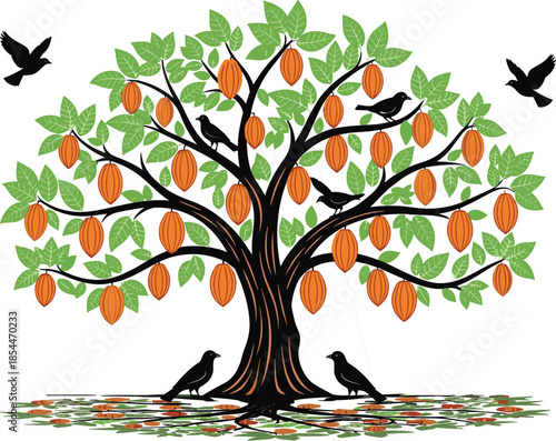 Cacao tree vector illustration, black birds, cocoa pods, tropical plant design, nature art, agriculture graphic, chocolate source element