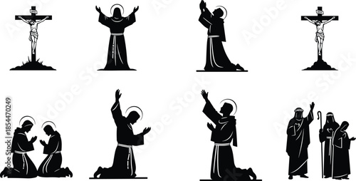 Christian vector illustration, religious silhouette art, praying saints drawing, crucifixion of Jesus, biblical figures sketch, black and white spiritual design