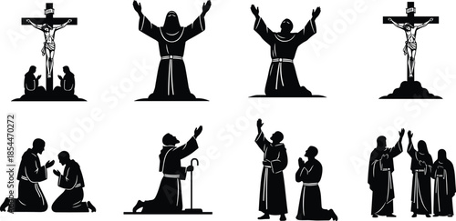 Christian worship silhouette, religious prayer vector, crucifixion scene illustration, biblical figure sketch, black and white spiritual design, faith icon graphic
