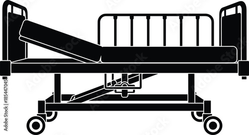 Hospital bed silhouette, medical equipment vector, adjustable patient bed illustration, healthcare furniture sketch, black and white recovery design, clinical icon graphic