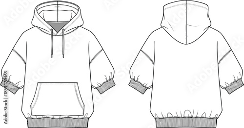 Hoodie sketch, puff sleeve sweatshirt, fashion flat drawing, kangaroo pocket design, technical apparel illustration, cad template, vector garment mockup