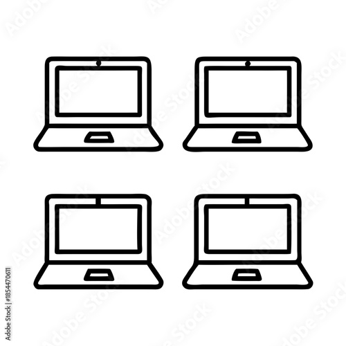 Black and White Laptop Computer Line Art Illustration Set of Four
