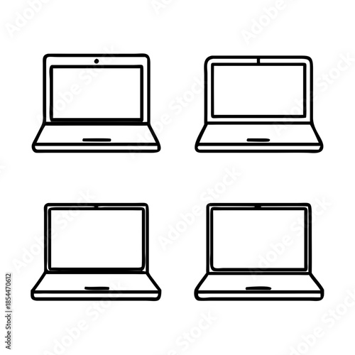 Black and White Laptop Computer Line Art Illustration Set of Four
