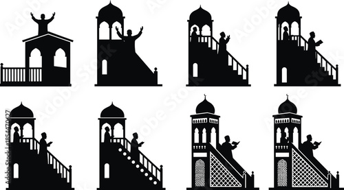 Islamic minbar silhouette vector set, sermon illustration, mosque pulpit design, religious architecture elements, black graphic collection, cultural heritage art