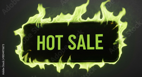 Intense fiery green flames engulf a black rectangle with 