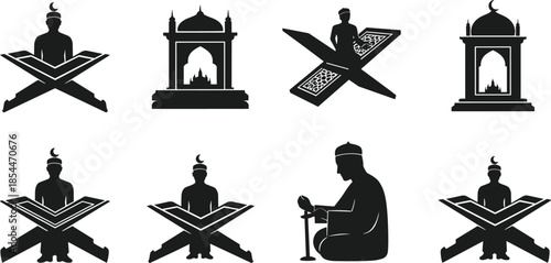 Islamic silhouette icon vector set, Quran reading illustration, mosque architecture graphic, religious devotion symbols, black cultural design collection