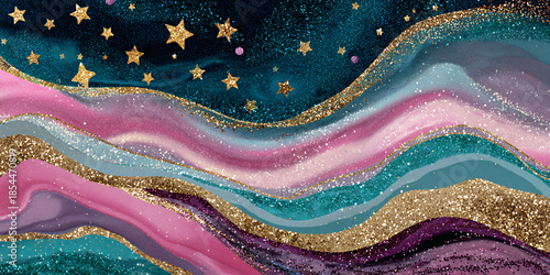 Abstract wavy background of multicolored lines in pastel shades and gold glitter, horizontal banner