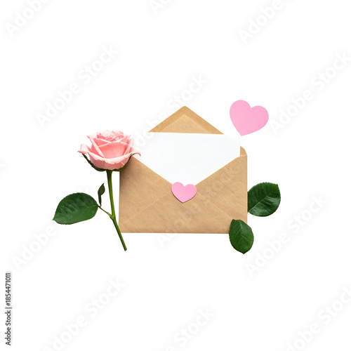 A romantic pink rose rests beside a blank greeting card and paper note, creating a beautiful symbol of love and romance for a Valentine gift or wedding celebration message

