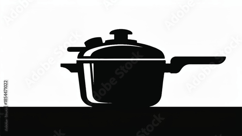 A minimalist black and white illustration of a pressure cooker silhouette against a white background.  