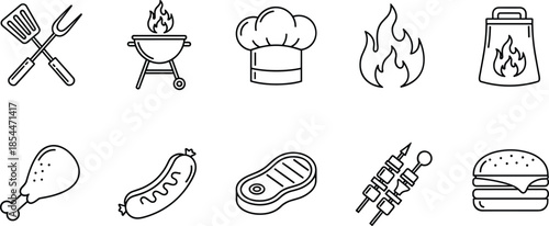 Vector set of black linear barbecue icons including grill tools chef hat fire steak and burger for summer cookout designs.