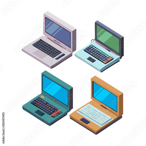 Isometric illustrations of four different styles of vintage portable computers with screens and keyboards
