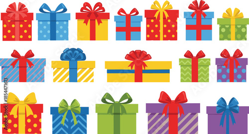 Large collection of colorful wrapped gift boxes with ribbons and bows for birthday, Christmas, and holiday celebration design projects isolated.