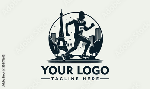 Dynamic Vector Logo Illustration of a Marathon Runner, Silhouetted Against a Parisian Cityscape with an Iconic Landmark, Ideal for Sports or Travel Brand Emblem Concept