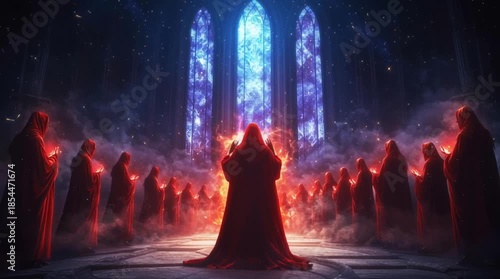 Mystical Ritual of Cloaked Figures in a Dark Fantasy Temple